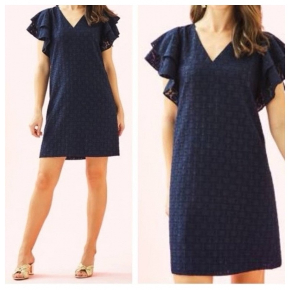 Lilly‎ Pulitzer Shift Dress Women 4 Navy Blue Excellent Ruffle Sleeve Metallic